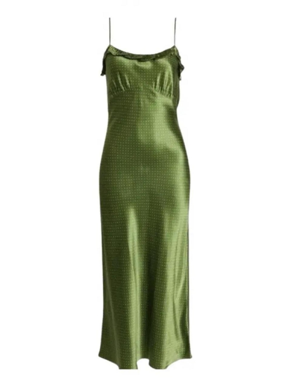 reformation green aribella midi dress with white polka dots